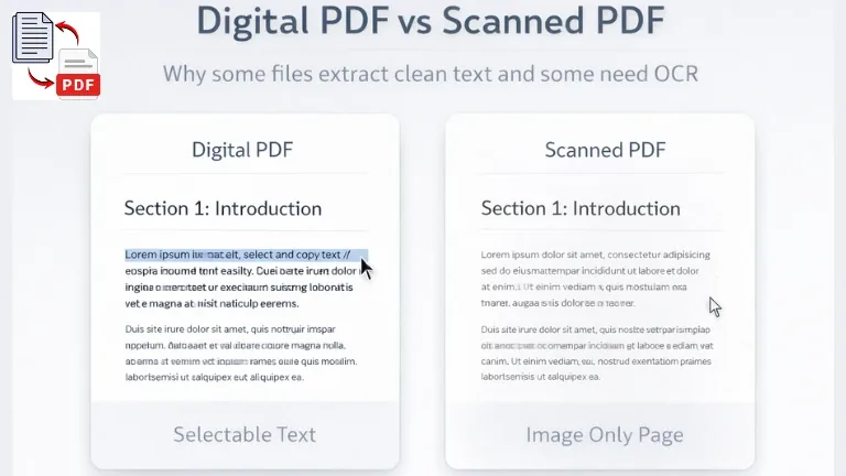 Comparison showing a digital PDF with selectable text and a scanned PDF that behaves like an image only page in a clean SaaS layout