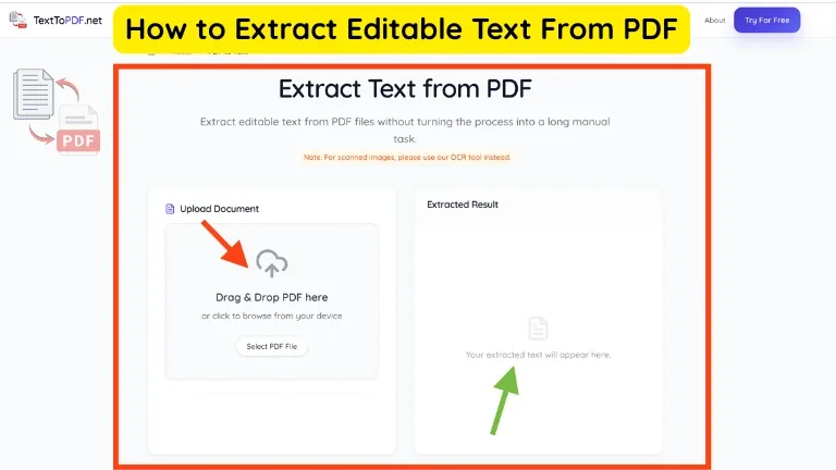 Interface showing PDF upload on one side and extracted editable text result on the other in a premium SaaS style design