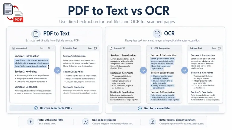 Comparison showing direct PDF text extraction on one side and OCR for scanned files on the other in a clean SaaS dashboard design