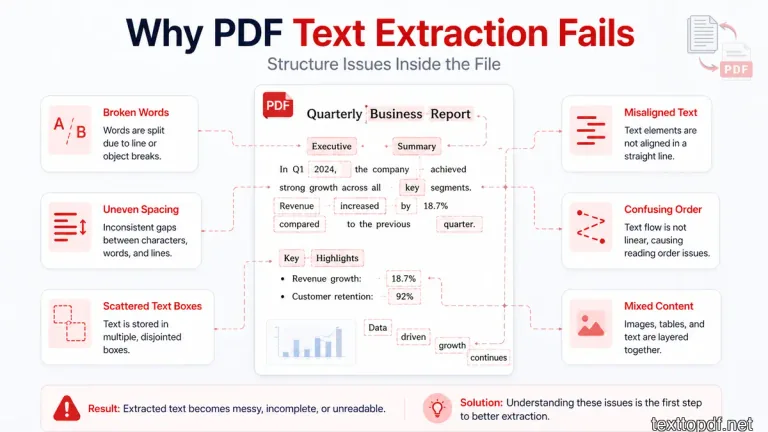 Broken PDF text structure with scattered words and spacing issues