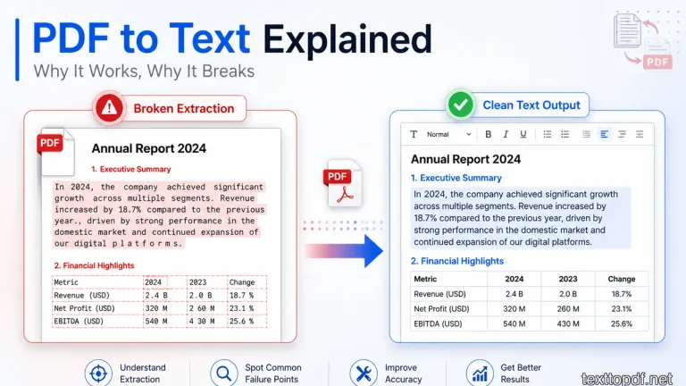 Broken PDF text extraction on one side and formatted text output on the other