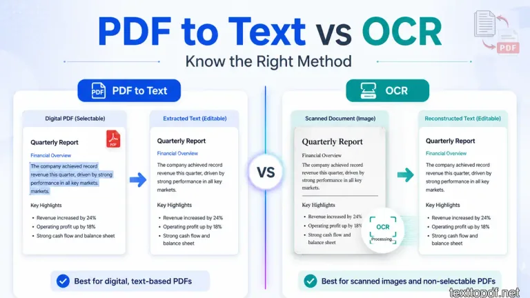 PDF to Text extraction on one side and OCR processing on the other with clean and scanned outputs