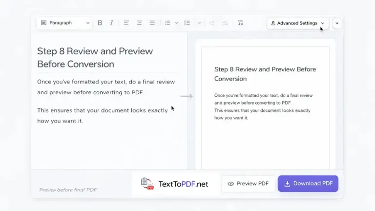 Text editor with PDF preview showing formatted document before final download in a text to PDF tool