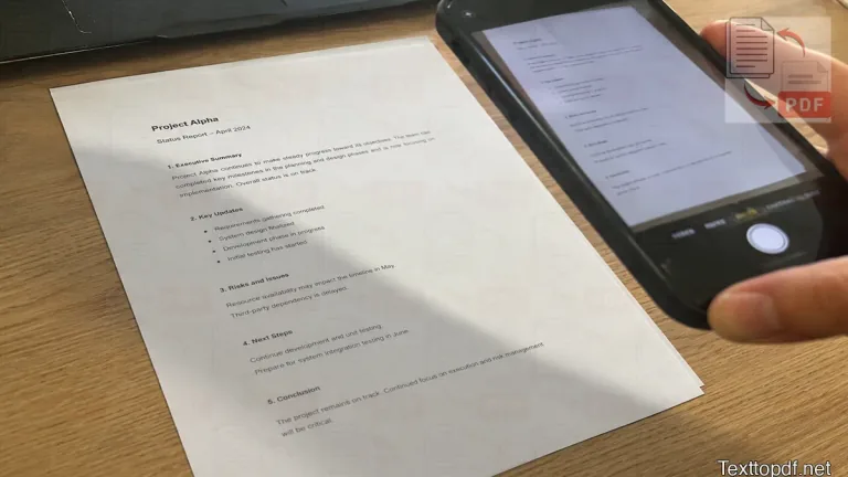 Printed page being captured with a phone camera showing slight tilt, soft shadow, and weak scan conditions before OCR
