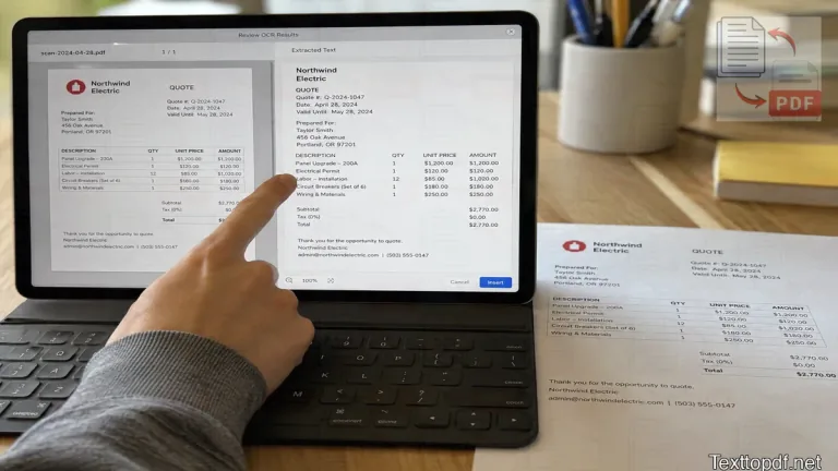 Extracted OCR text on a screen being compared with the original printed document for manual checking