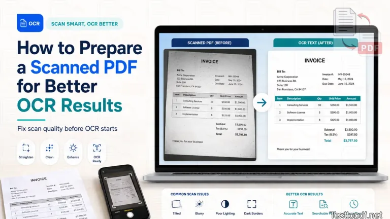 Scanned document turning into cleaner OCR text with scan issues highlighted before processing