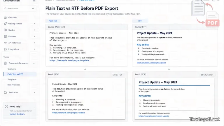 Side by side comparison showing how plain text and RTF create different PDF results