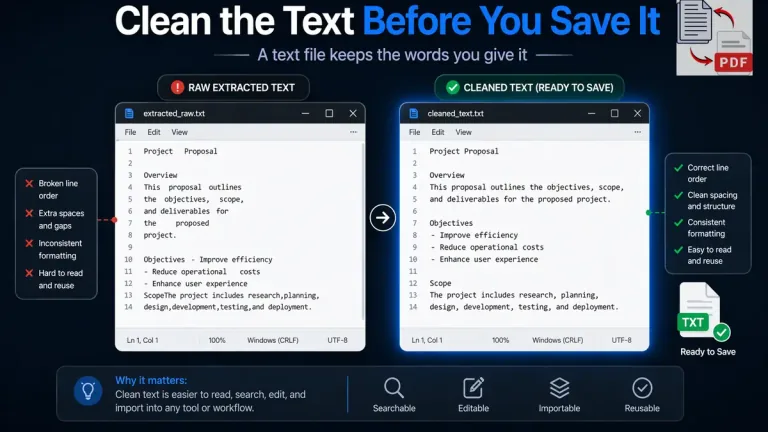 Messy extracted text on one side and cleaned plain text ready to save on the other