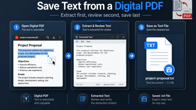 Digital PDF with selectable text moving into a plain text editor and then saved as a text file