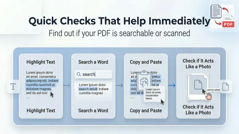 Quick checks like highlight search copy and page behavior to identify a searchable PDF or scanned PDF