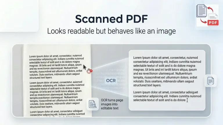 Scanned PDF page behaving like an image with an OCR process turning it into editable text