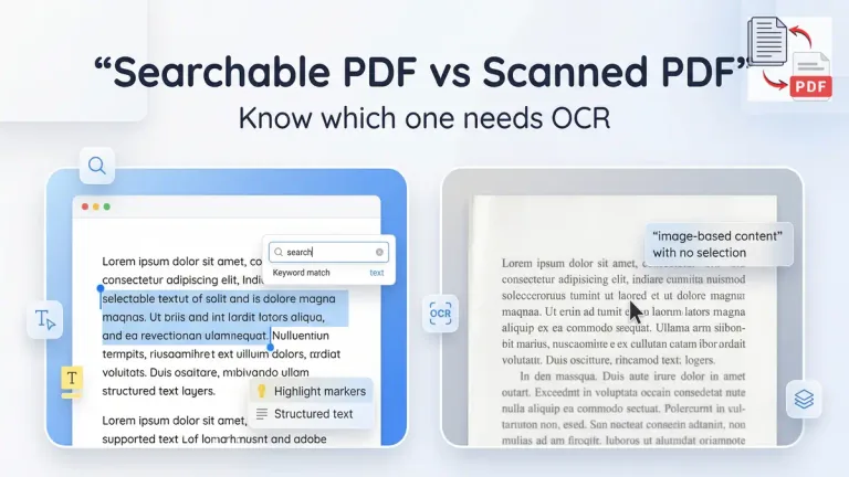 Searchable PDF and a scanned PDF side by side with clear labels and document behavior differences