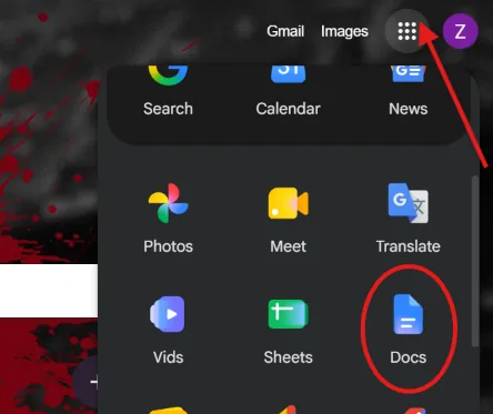 Google apps launcher showing the Docs app