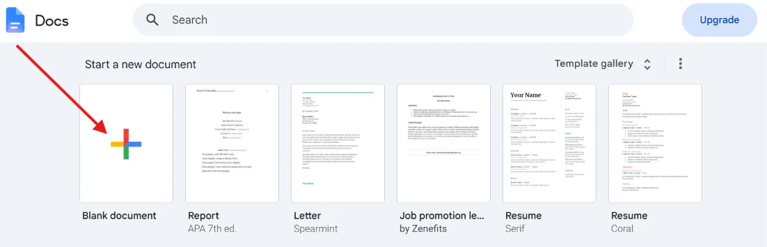 Google Docs home screen with the Blank document option