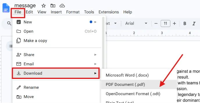 Google Docs File menu showing the PDF Document download option
