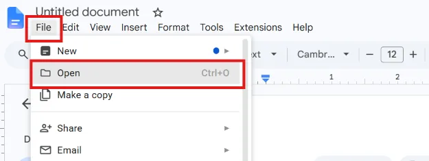 Google Docs File menu showing the Open command