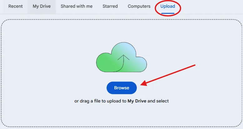 Google Docs file dialog on the Upload tab with the Browse button