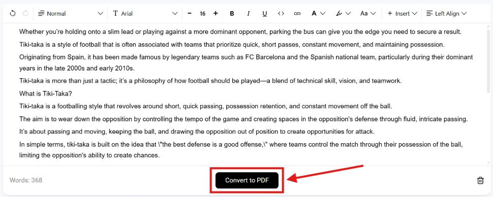 Online text-to-PDF converter with the Convert to PDF button visible