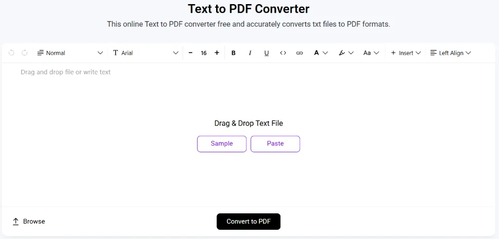 Online text-to-PDF editor with formatting controls and a Convert to PDF button