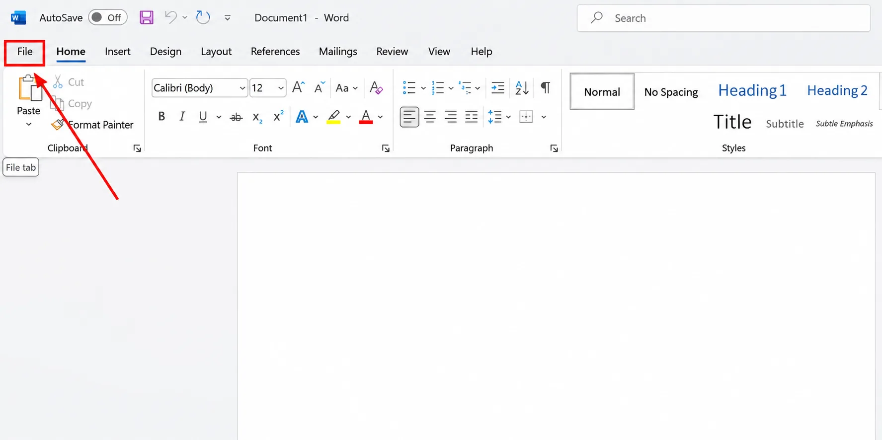 Microsoft Word Home screen with the File tab selected