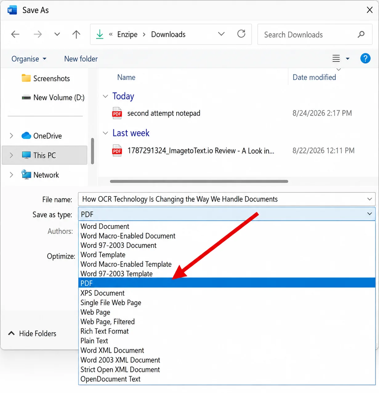 Microsoft Word Save As dialog with PDF selected as the file type