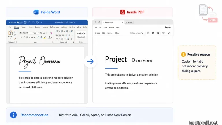 SaaS style visual showing a Word section with a custom font and a PDF output where the same text appears broken or missing