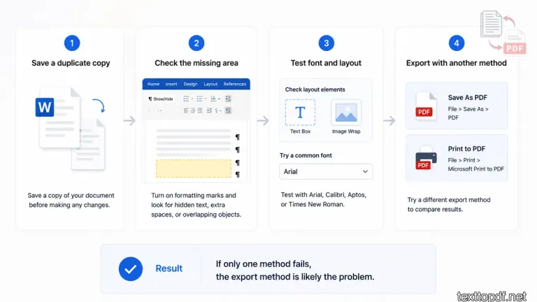 Clean workflow image showing the quick steps to fix missing text when converting Word to PDF