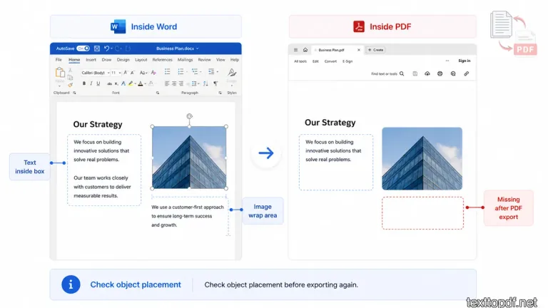 Professional visual showing text hidden behind a shape or near an image in Word causing missing content in the exported PDF