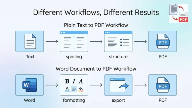 Workflow comparison showing steps from text to PDF and Word to PDF conversion process