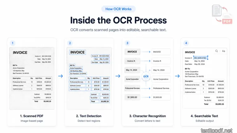 Scanned page image, text detection, recognition, and searchable text output inside a PDF OCR process