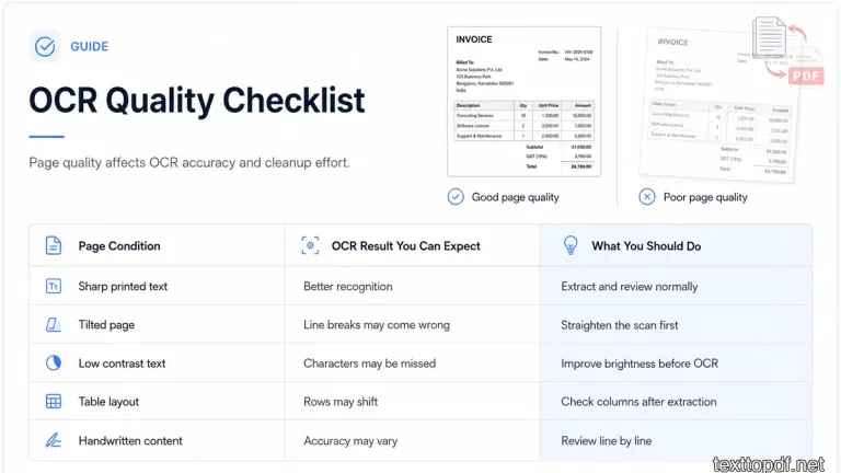Good page quality and poor page quality with expected OCR results and suggested actions