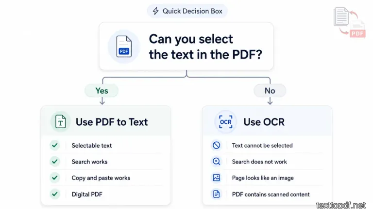 When to use PDF to Text and when to use OCR based on text selectability and scanned page behavior