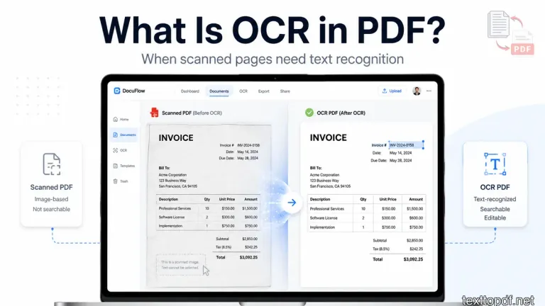 PDF with scanned page content turning into searchable editable text through OCR