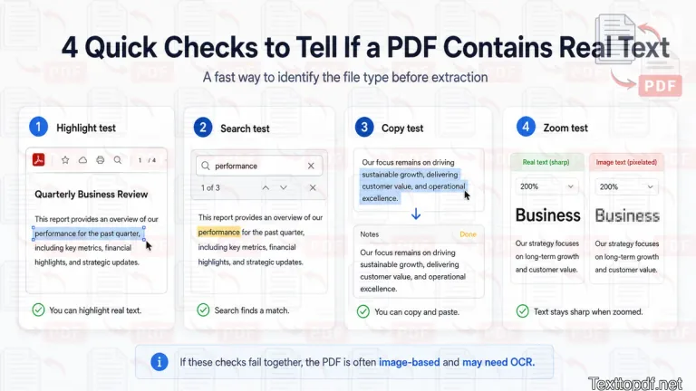 Four quick checks to identify whether a PDF contains real selectable text