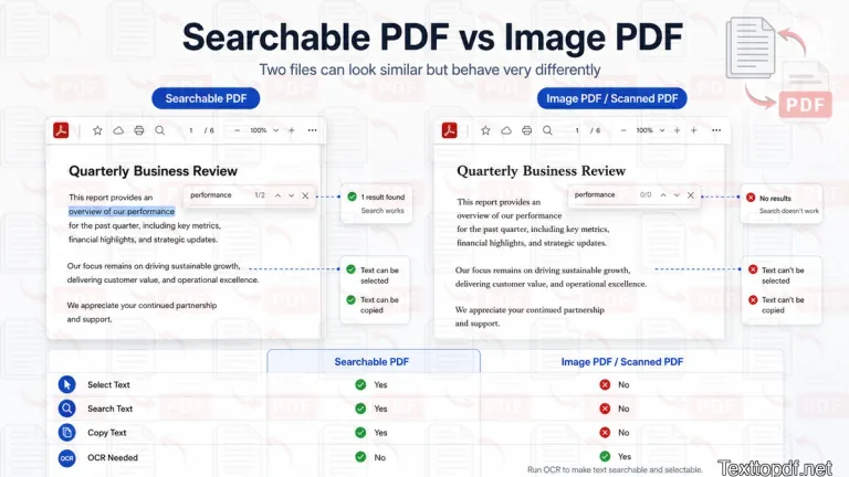 Searchable PDF and an image style PDF with different text selection and search behavior