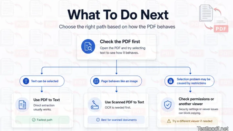 When to use PDF to Text, Scanned PDF to Text, or check permissions when text cannot be selected