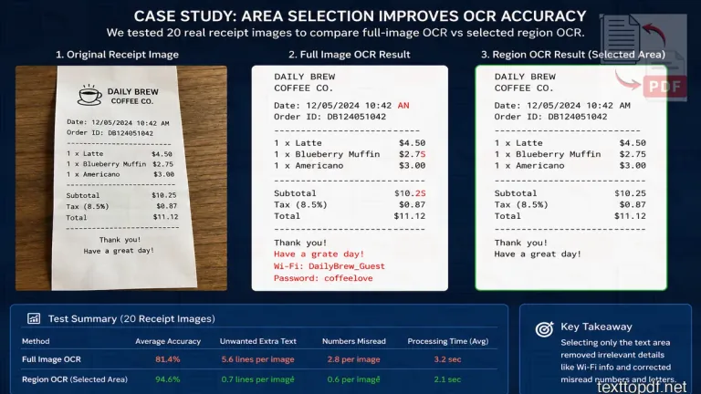 Receipt OCR case study showing original receipt, full image OCR result, selected area OCR result, and test summary