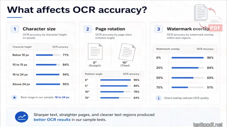 how character height, page rotation and watermark overlap affect OCR accuracy