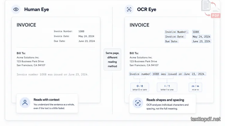 Comparison showing how humans read a clear PDF with context while OCR reads letter shapes and spacing
