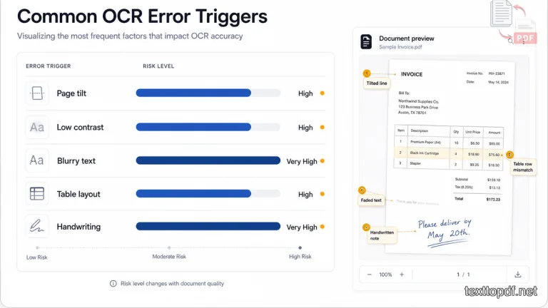 Clean chart showing common reasons OCR output becomes wrong such as tilt, blur, low contrast, tables, and handwriting