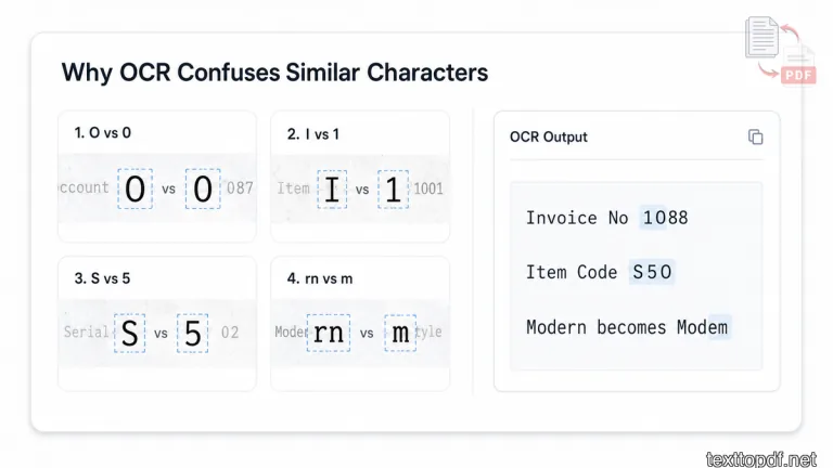 Visual showing OCR confusion between similar characters like O and 0, I and 1, S and 5, and rn and m