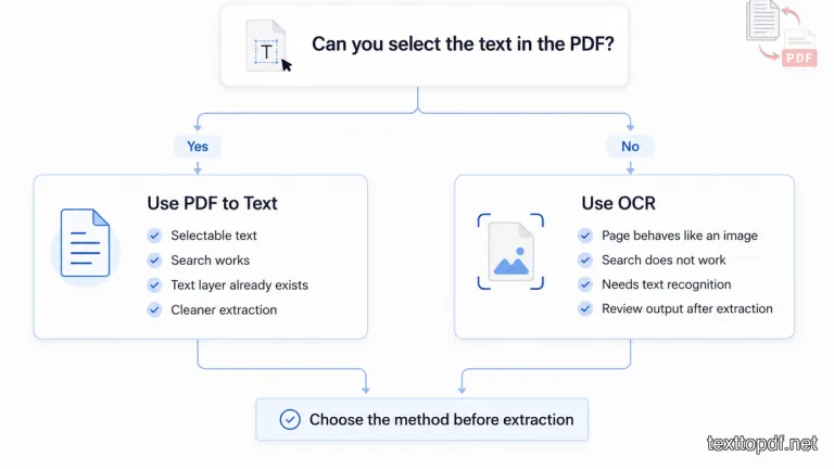 Decision flow showing when to use PDF to Text and when to use OCR to avoid poor extraction results