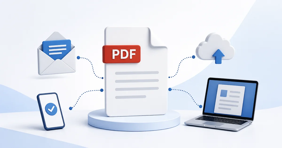 PDF sharing illustration showing a PDF document connected to email, cloud storage and devices