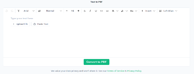 Text to PDF editor screenshot with upload, formatting and Convert to PDF controls