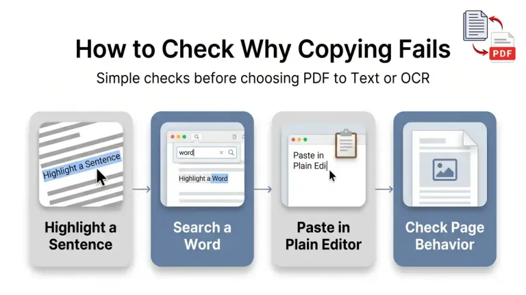 Highlight search copy and page behavior checks to find why PDF copying is failing