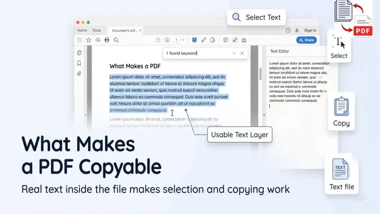 How a PDF with a real text layer allows selection search and copying