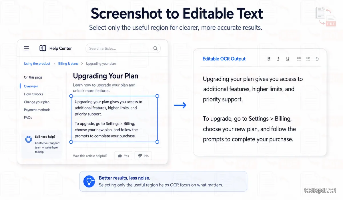Screenshot with a selected text area beside editable OCR output