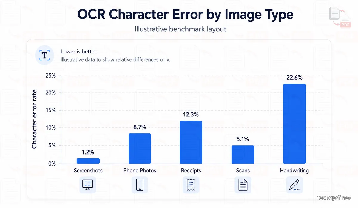 Gráfico comparativo del error de caracteres OCR en capturas, fotos, recibos, escaneos y escritura manual