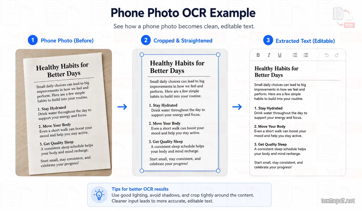Phone photo of a printed document shown beside cropped image and extracted text