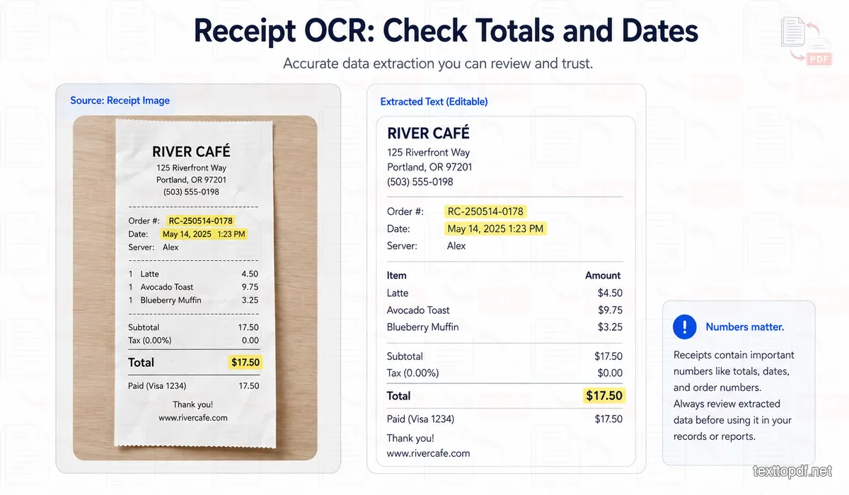 Receipt image beside extracted text with totals and dates highlighted for verification